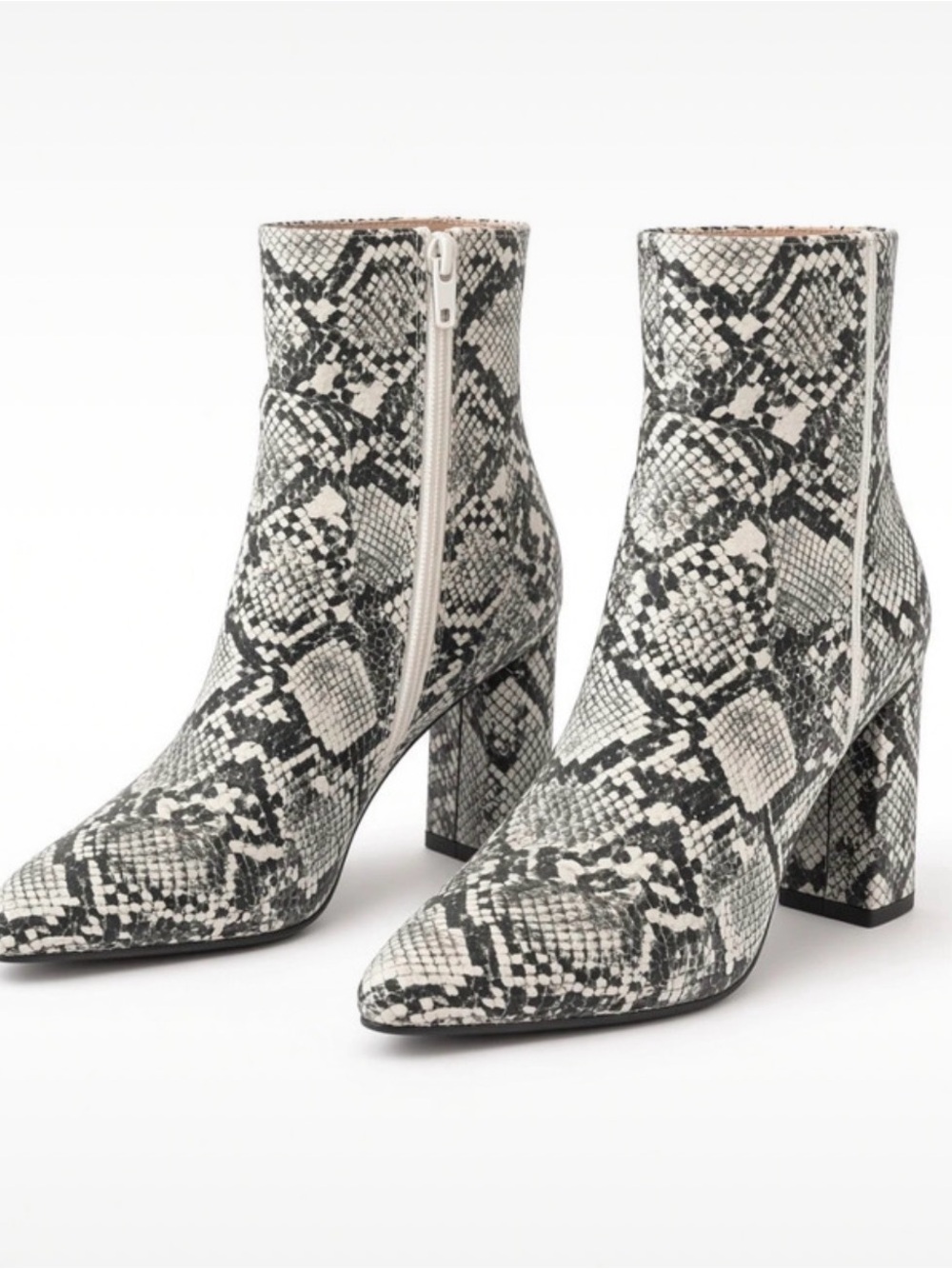 Snake-Print Pointed Ankle Booties - Black & White